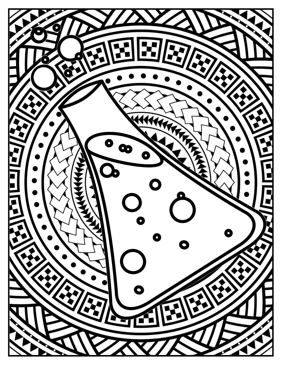 Science flask coloring: a tilted flask of bubbling liquid with floating bubbles over checkered and chevron mandala rings