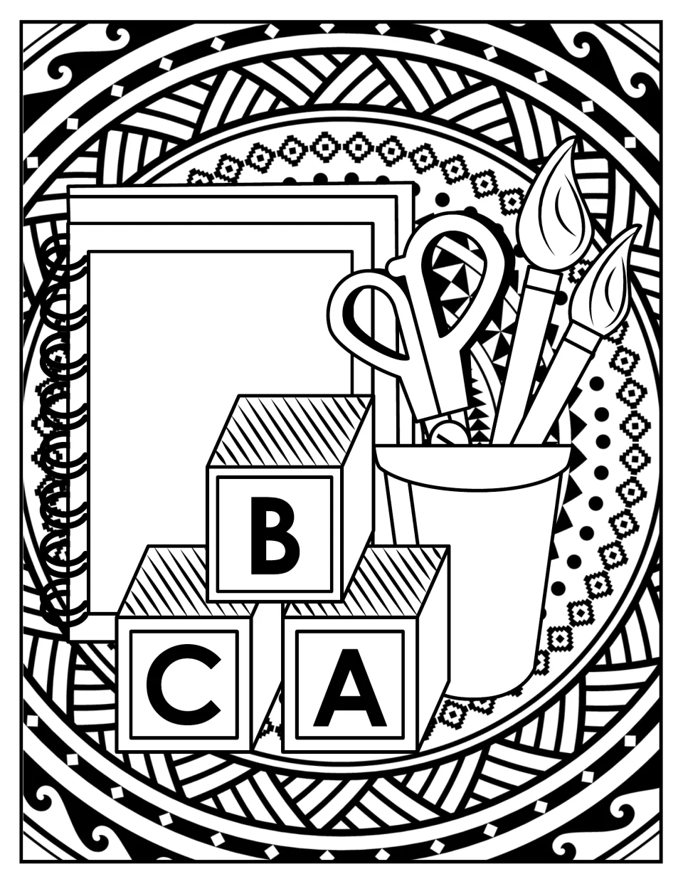 ABC blocks coloring: letter blocks A, B and C beside a sketchbook, scissors and paintbrushes in a cup, ready for coloring