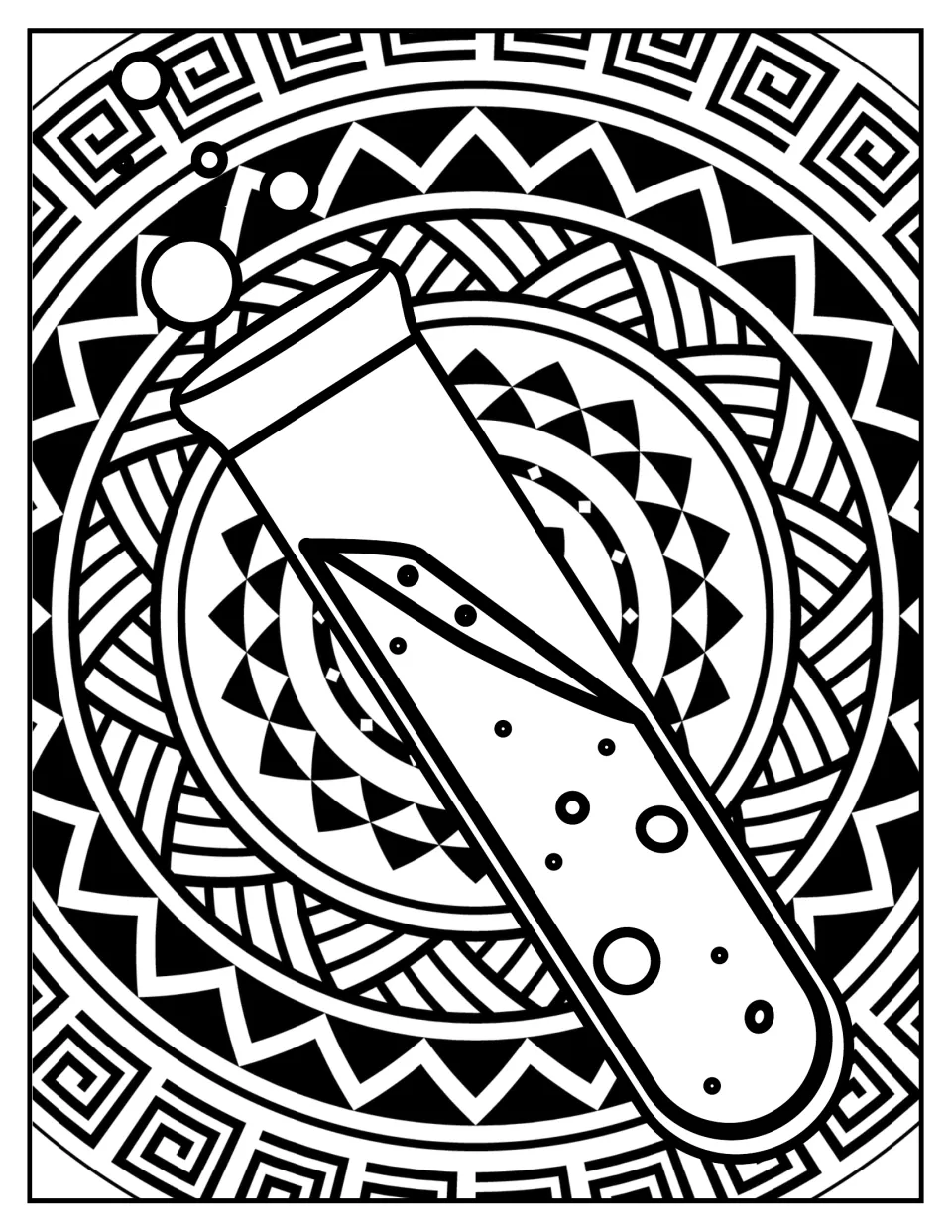 Test tube coloring: a bubbling test tube set diagonally over zigzag, sunburst and key-pattern rings for students to color