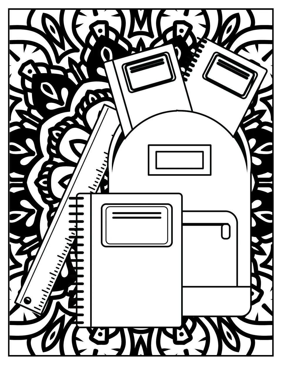 Backpack coloring: a backpack stuffed with notebooks and a ruler on a floral mandala background for students to color