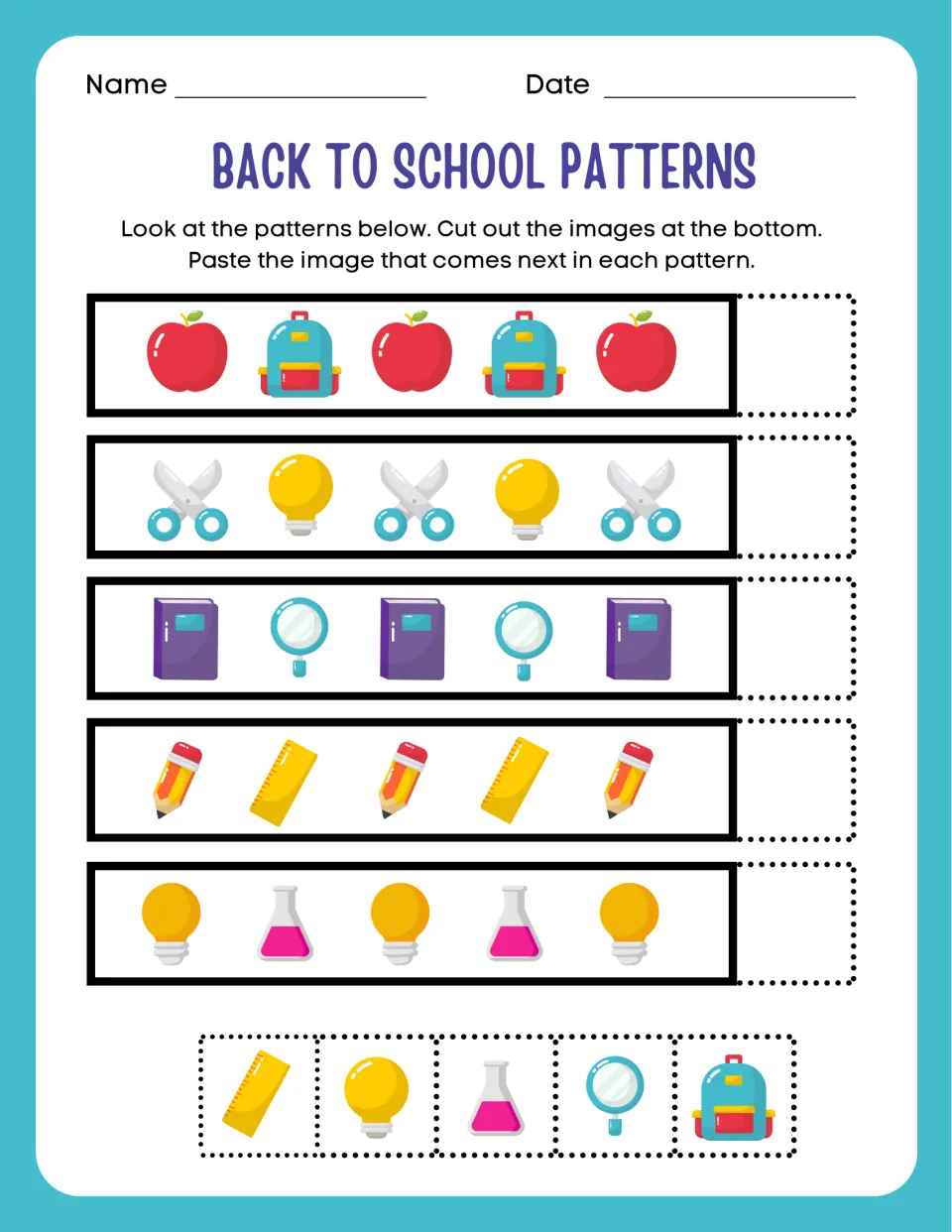 Back to school AB patterns: students cut out pictures and paste what comes next, as in apple, backpack, apple, backpack