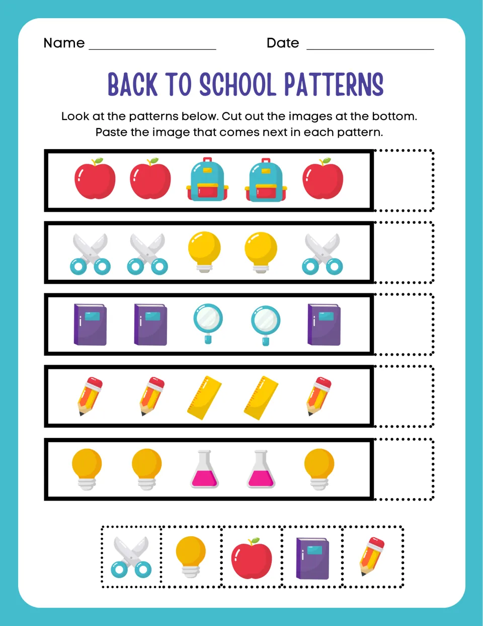 AABB school-supply patterns: students cut and paste the next picture in rows like apple, apple, backpack, backpack, apple