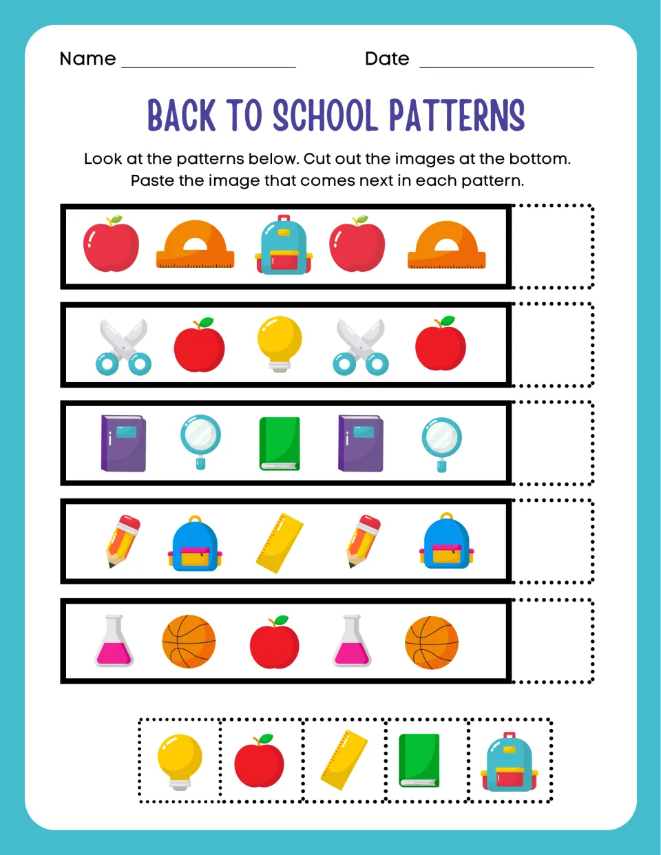 ABC school-supply patterns: students paste the next picture in rows like apple, protractor, backpack, apple, protractor
