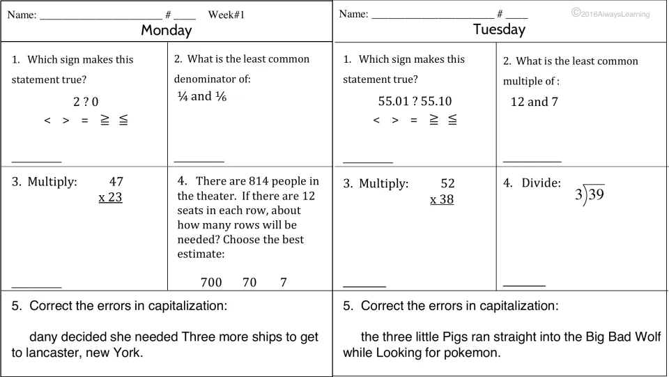 Monday and Tuesday review: compare numbers, least common denominator and multiple, multiply, divide, fix capitalization