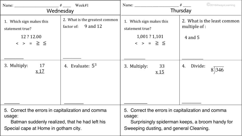 Wednesday and Thursday review: compare numbers, GCF of 9 and 12, LCM, 5 cubed, long division, fix capitals and commas