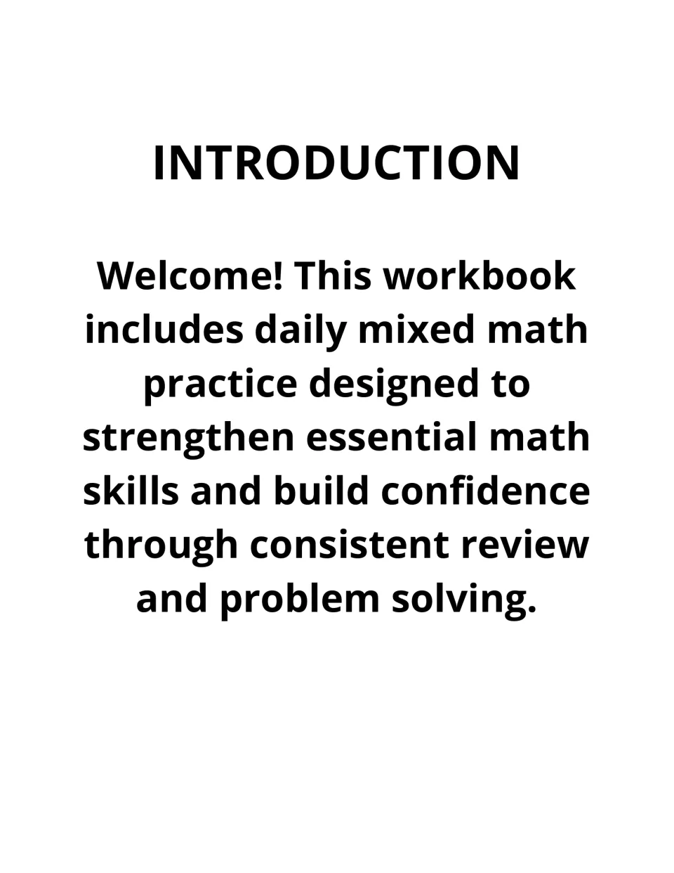 Workbook introduction: a welcome note explaining that the pages give daily mixed math practice and problem solving review