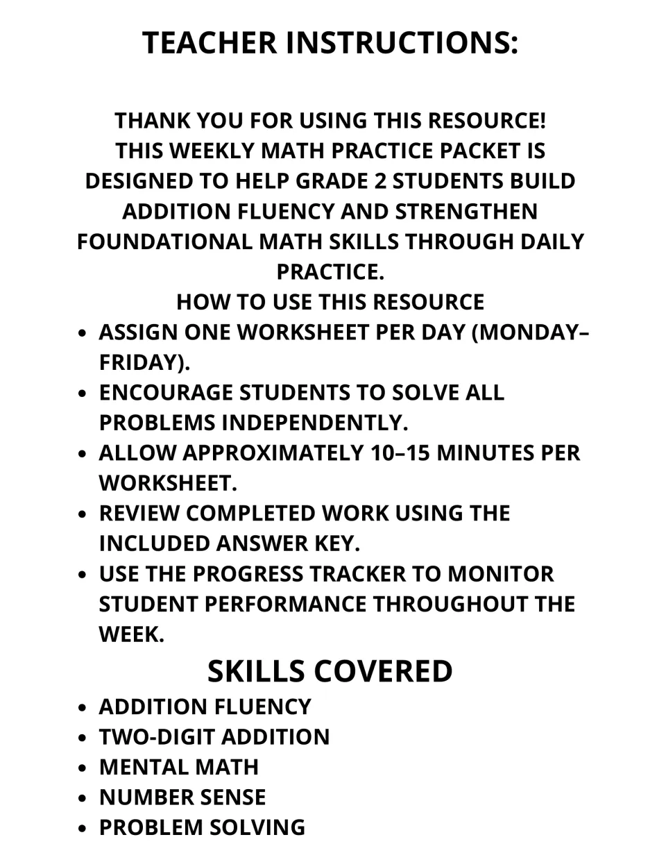 Teacher instructions: assign one addition sheet per day for 10–15 minutes, with a list of skills such as two-digit addition
