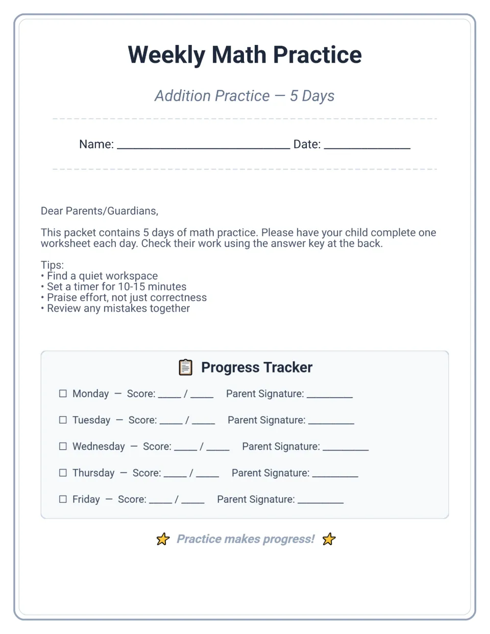 Weekly Math Practice parent letter for the 5-day addition packet, with tips and a Monday–Friday score and signature log