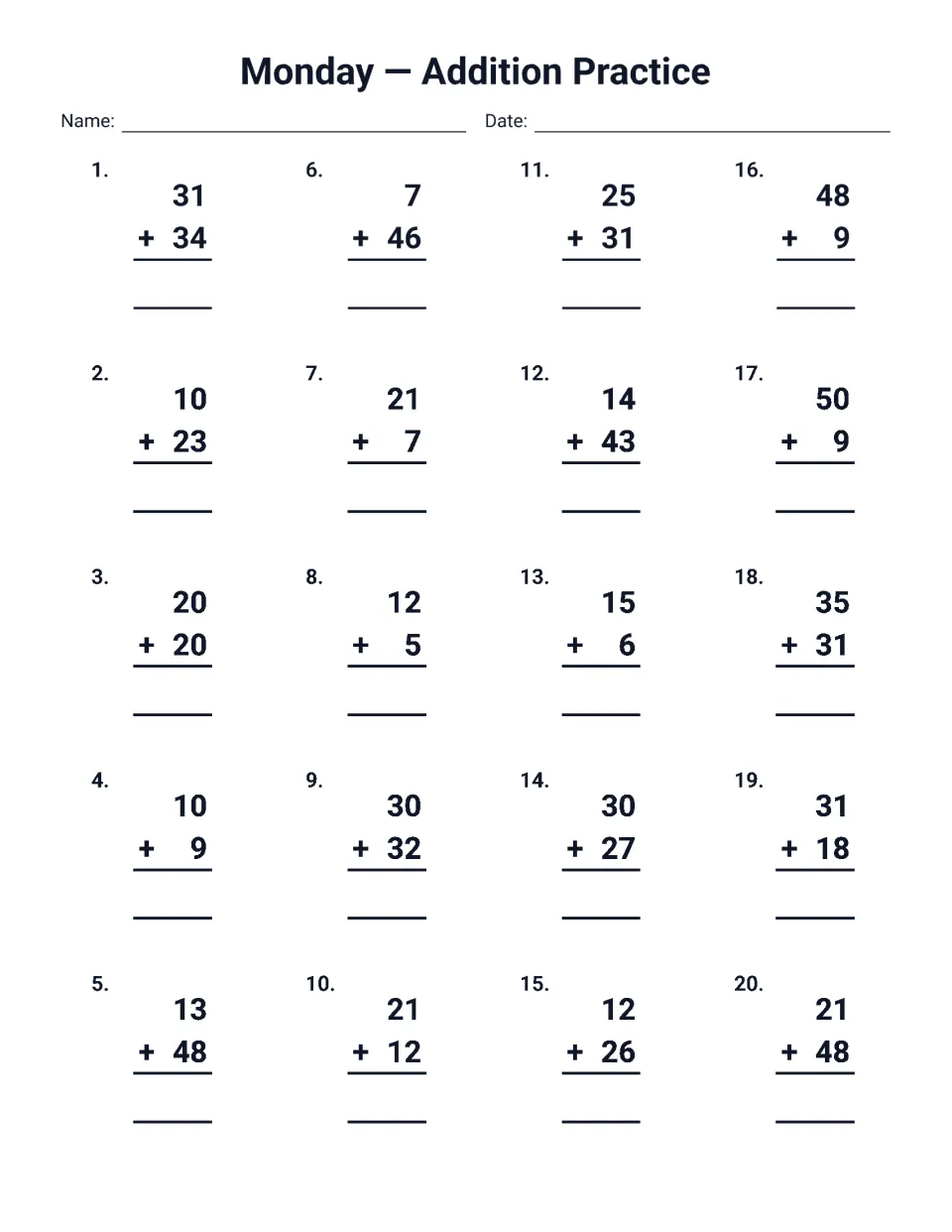 Monday addition practice: students solve 20 problems adding one- and two-digit numbers, such as 31 + 34 and 13 + 48