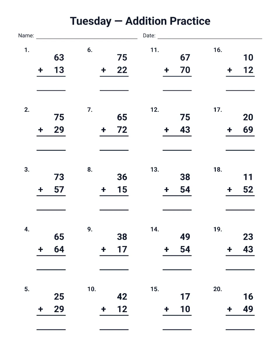 Tuesday addition practice: students solve 20 two-digit problems, such as 75 + 29 and 73 + 57, with some sums over 100