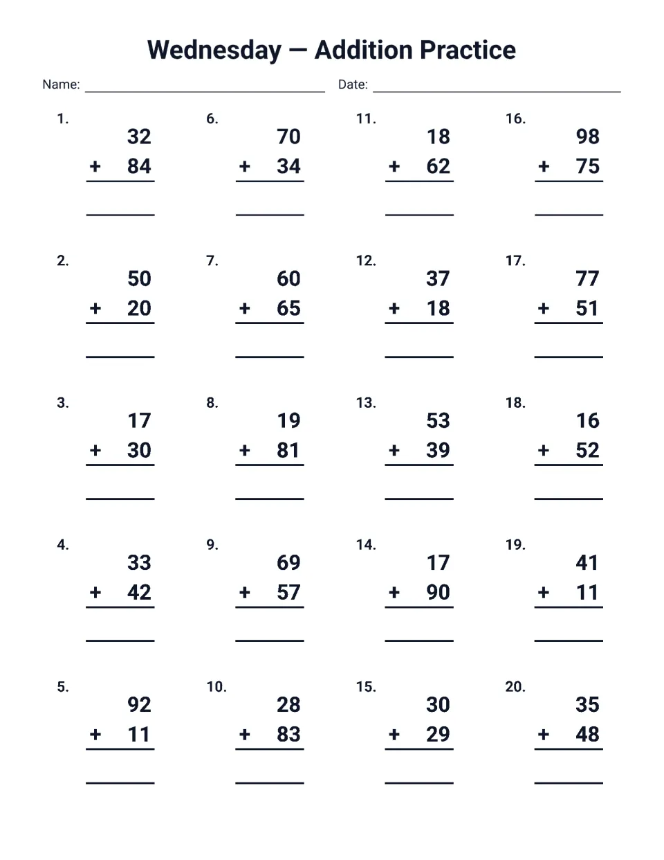Wednesday addition practice: students add 20 pairs of two-digit numbers, such as 98 + 75 and 19 + 81, with sums up to 173