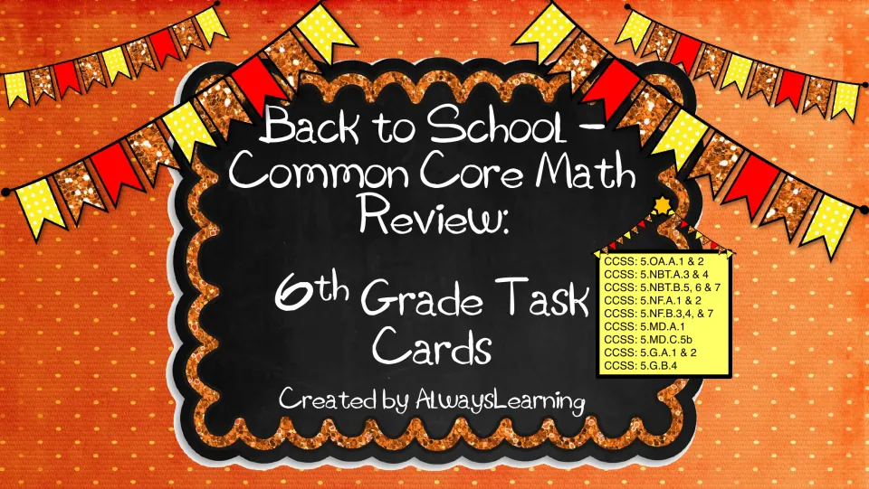 Cover: Back to School math review task cards by AlwaysLearning, on a chalkboard title sign framed by red and yellow bunting