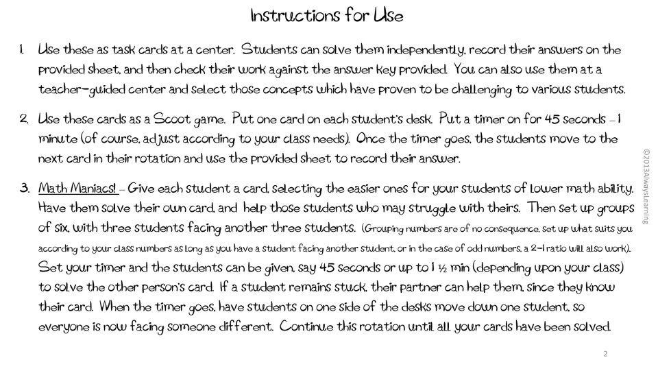 Instructions for use: three ways to run the cards, as a center, a timed Scoot game and the Math Maniacs partner rotation