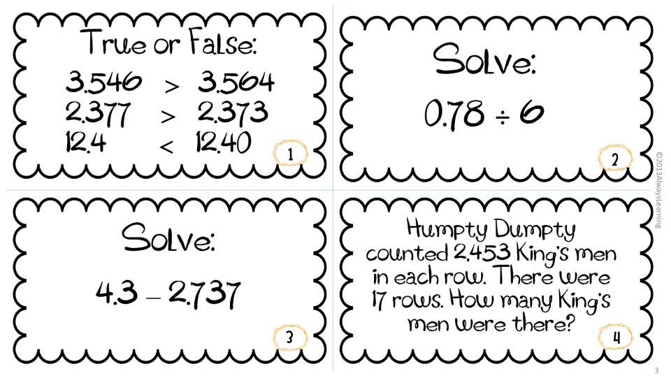 Decimal review cards 1 to 4: true or false comparisons, 0.78 ÷ 6, 4.3 − 2.737 and a Humpty Dumpty multiplication problem