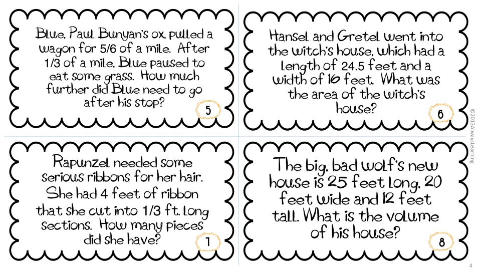 Fairy-tale word problems 5 to 8: subtract fractions, find a rectangle's area, divide 4 by 1/3 and find a box's volume
