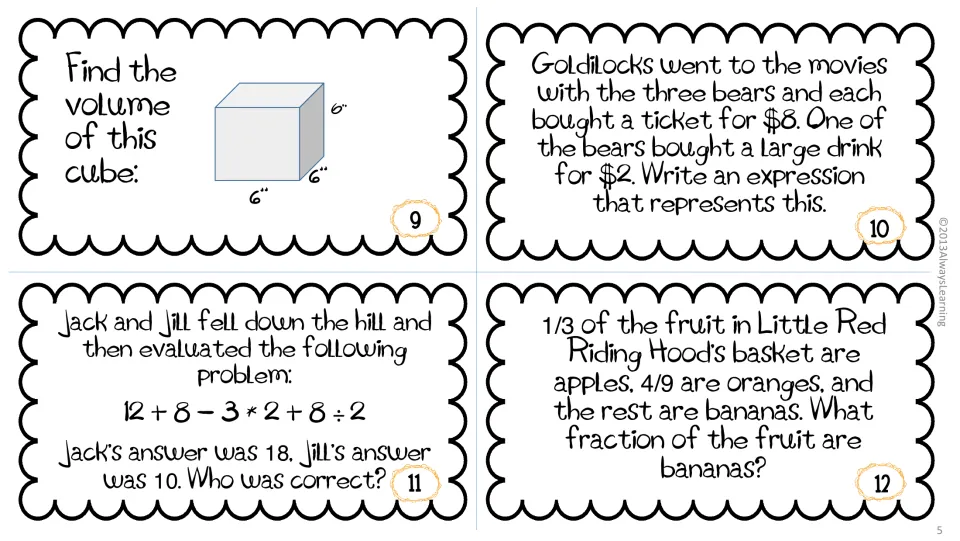 Cards 9 to 12: volume of a 6-inch cube, writing a movie-ticket expression, order of operations check and fraction of fruit