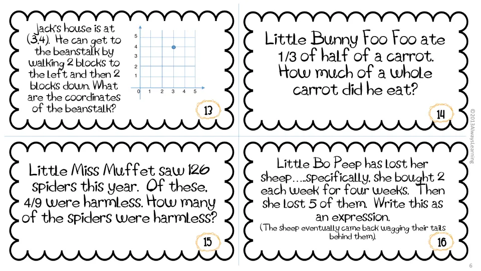 Cards 13 to 16: find beanstalk coordinates on a grid, 1/3 of half a carrot, 4/9 of 126 spiders and a sheep expression