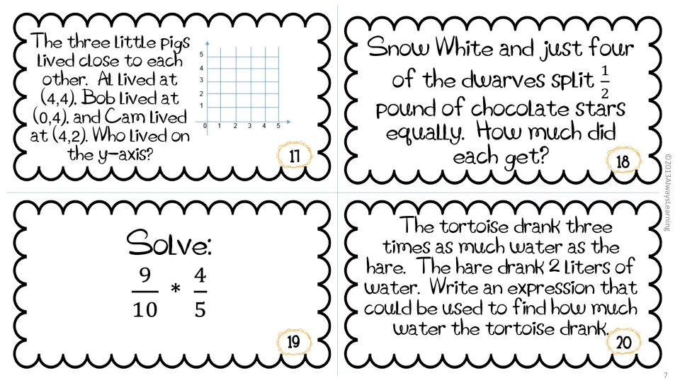 Cards 17 to 20: three little pigs on a coordinate grid, sharing 1/2 pound among 5, 9/10 × 4/5 and a tortoise expression