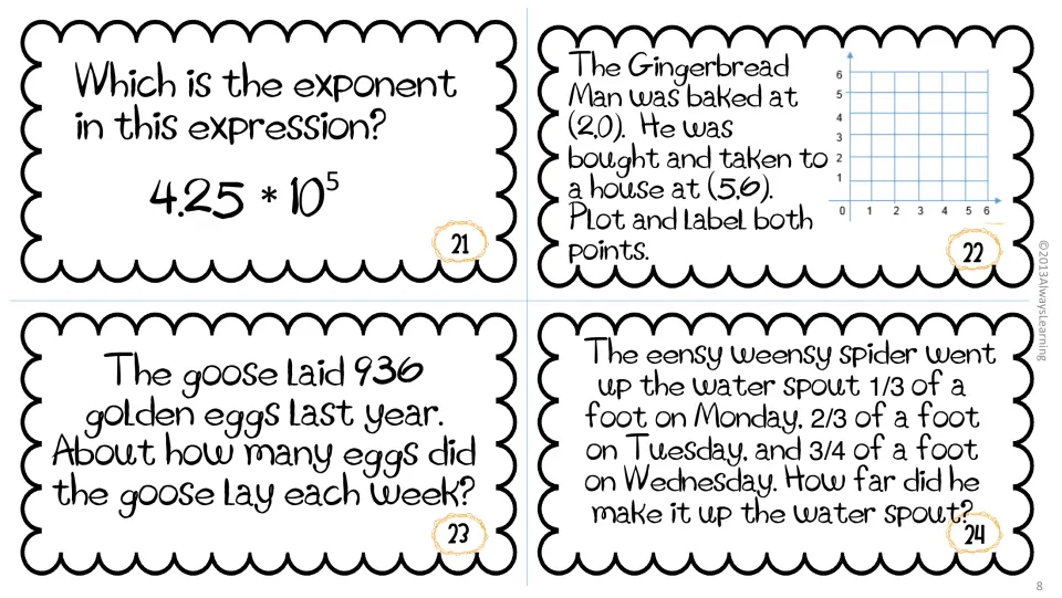 Cards 21 to 24: exponent in 4.25 × 10^5, plotting Gingerbread Man points, estimating eggs per week and adding fractions