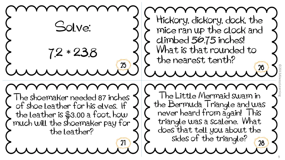 Cards 25 to 28: multiply 7.2 by 23.8, round 56.75 to the nearest tenth, inch-to-foot cost problem, and a scalene triangle