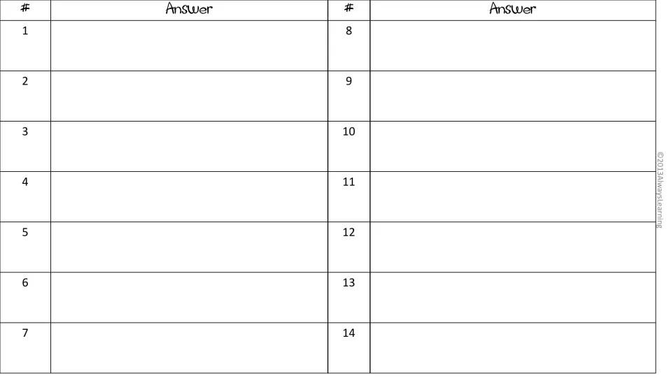Answer recording sheet: numbered spaces for students to write answers to task cards 1 through 14 during a center or Scoot