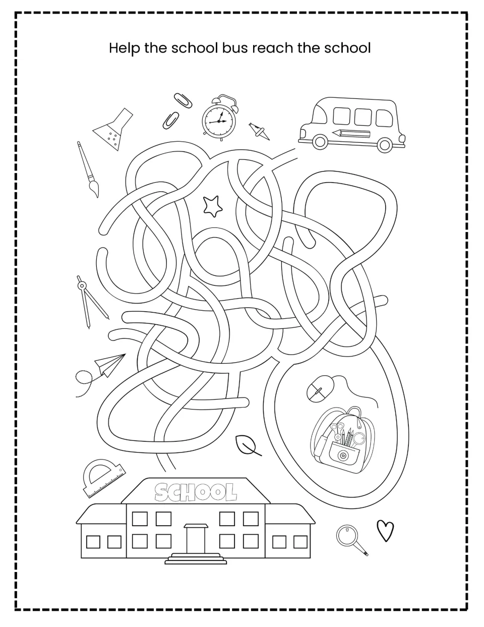 School bus maze: students trace a path through tangled loops to help the bus reach the school, practising visual tracking