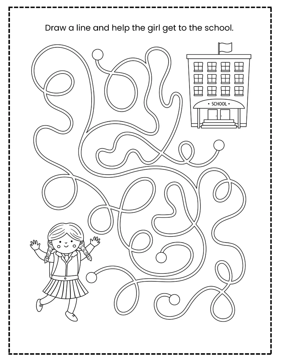 Girl-to-school maze: students draw a line along winding curly paths to help a waving girl find the way to the school