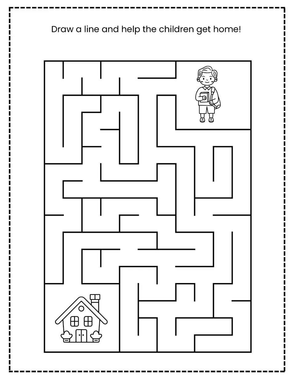 Way-home maze: students draw a line through square corridors to lead a boy holding a book back to his house