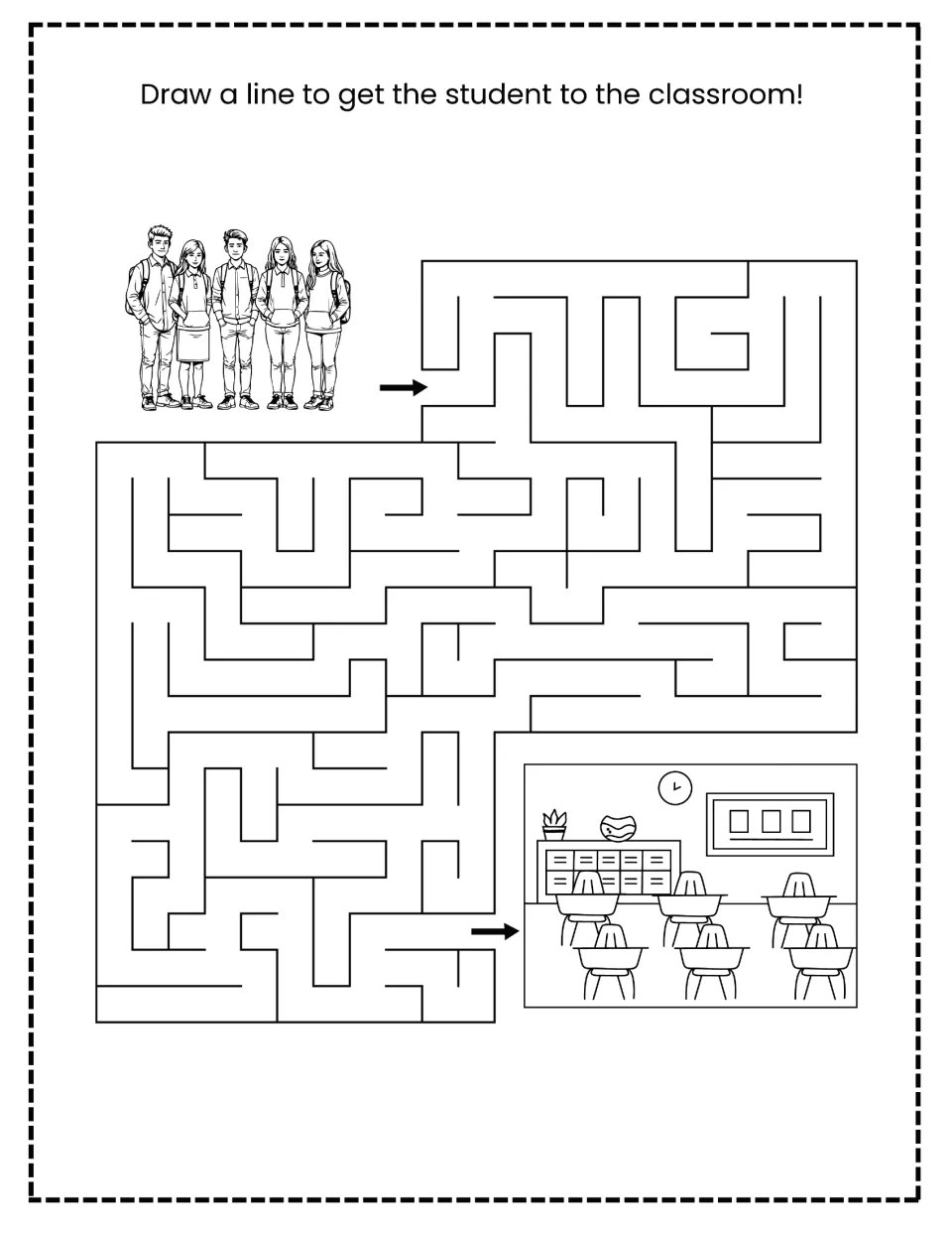 Classroom maze: students draw a line from a group of five students, marked by an arrow, through the maze to a classroom
