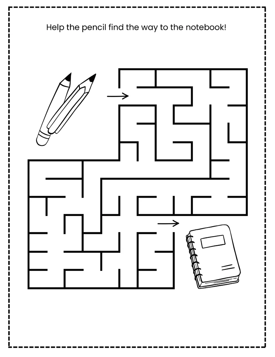 Pencil maze: students find the way from two pencils at the start arrow through a simple maze to a spiral notebook