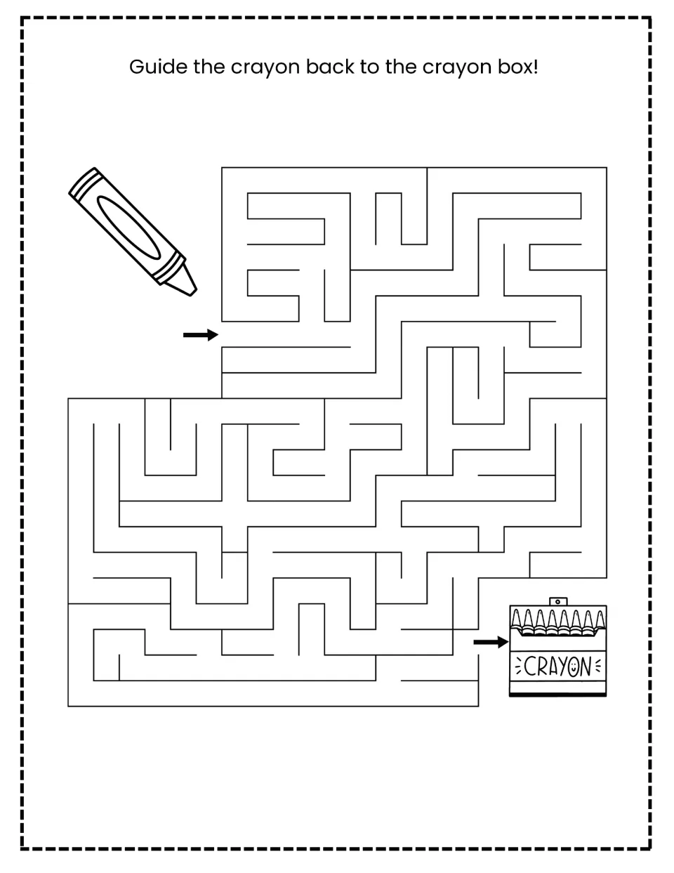 Crayon maze: students guide a crayon from the entry arrow through the maze and back into a box labeled CRAYON