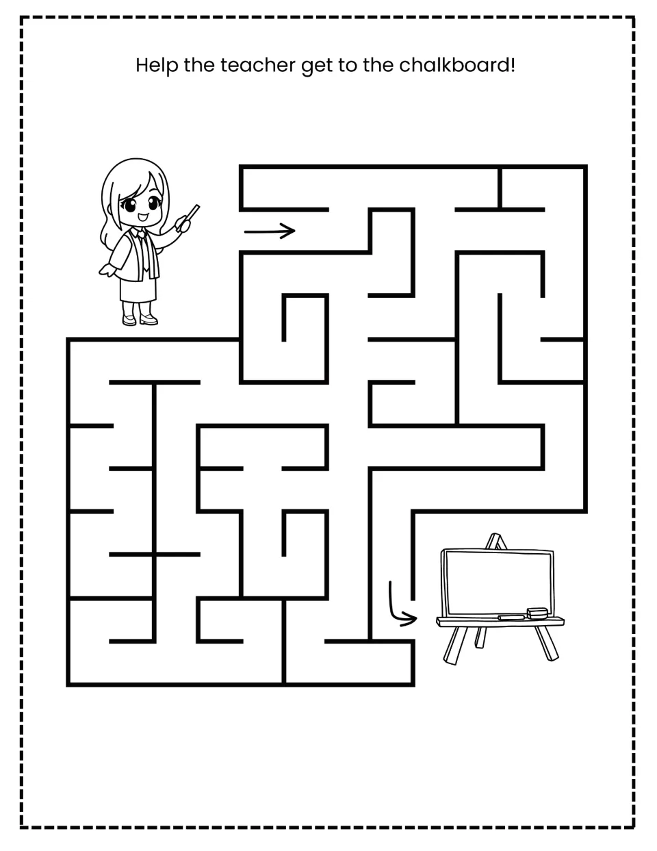 Teacher maze: students help a teacher holding chalk find a path from the start arrow to a chalkboard on an easel