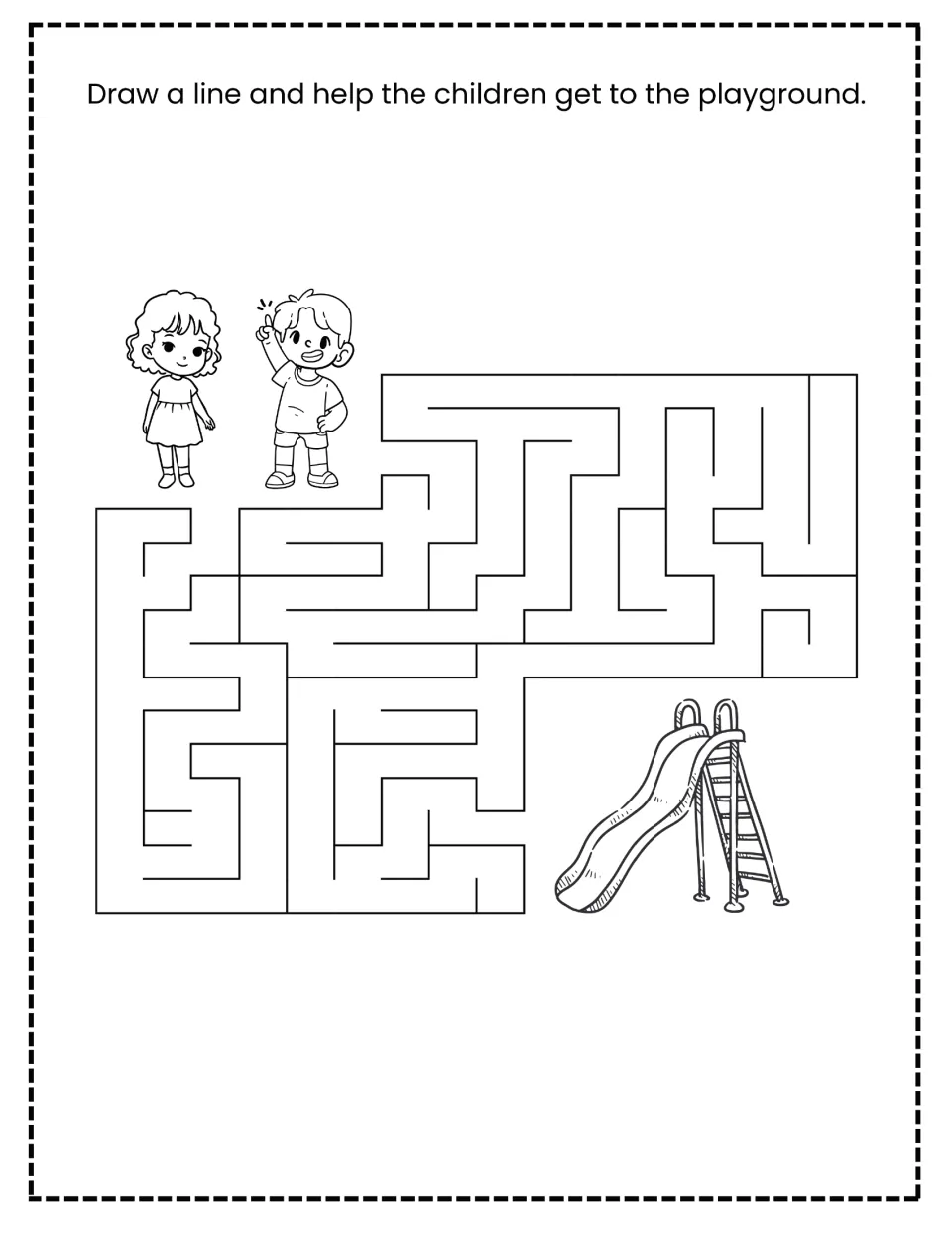 Playground maze: students draw a line to help a girl and a boy travel through the maze to reach a slide on the playground