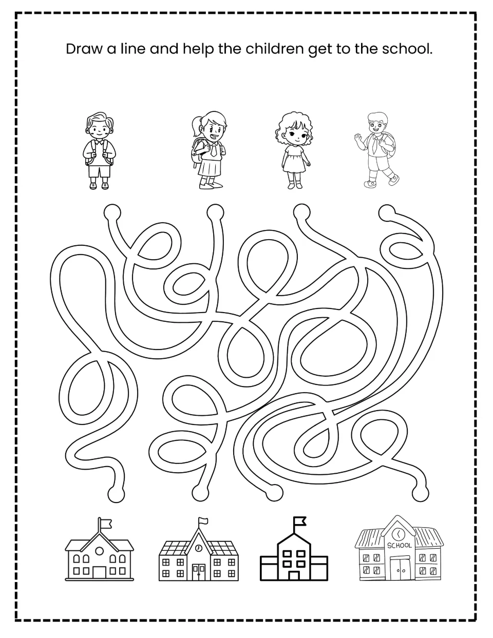 Matching maze: students follow four tangled paths to connect each of four children at the top to one of four schools below