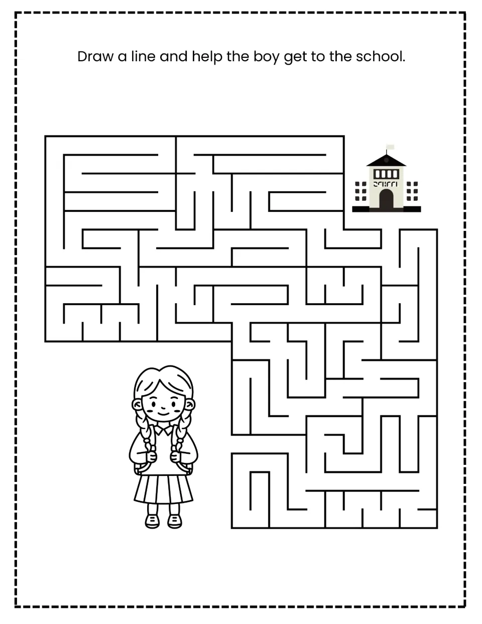 Walk-to-school maze: heading asks students to help the boy reach the school; a girl with braids stands beside the maze