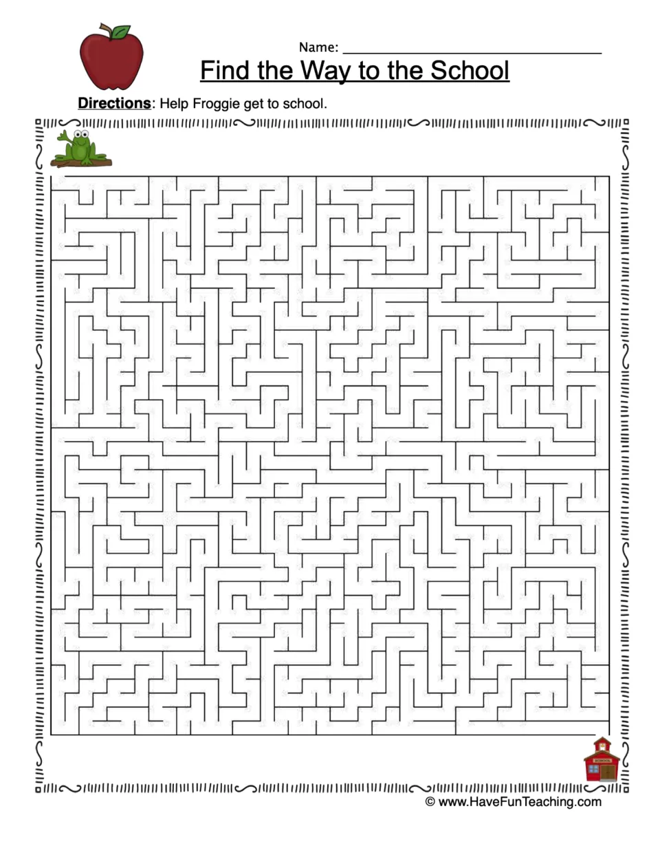 Find the Way to the School maze: students trace a path to help Froggie the frog get from top left to the schoolhouse