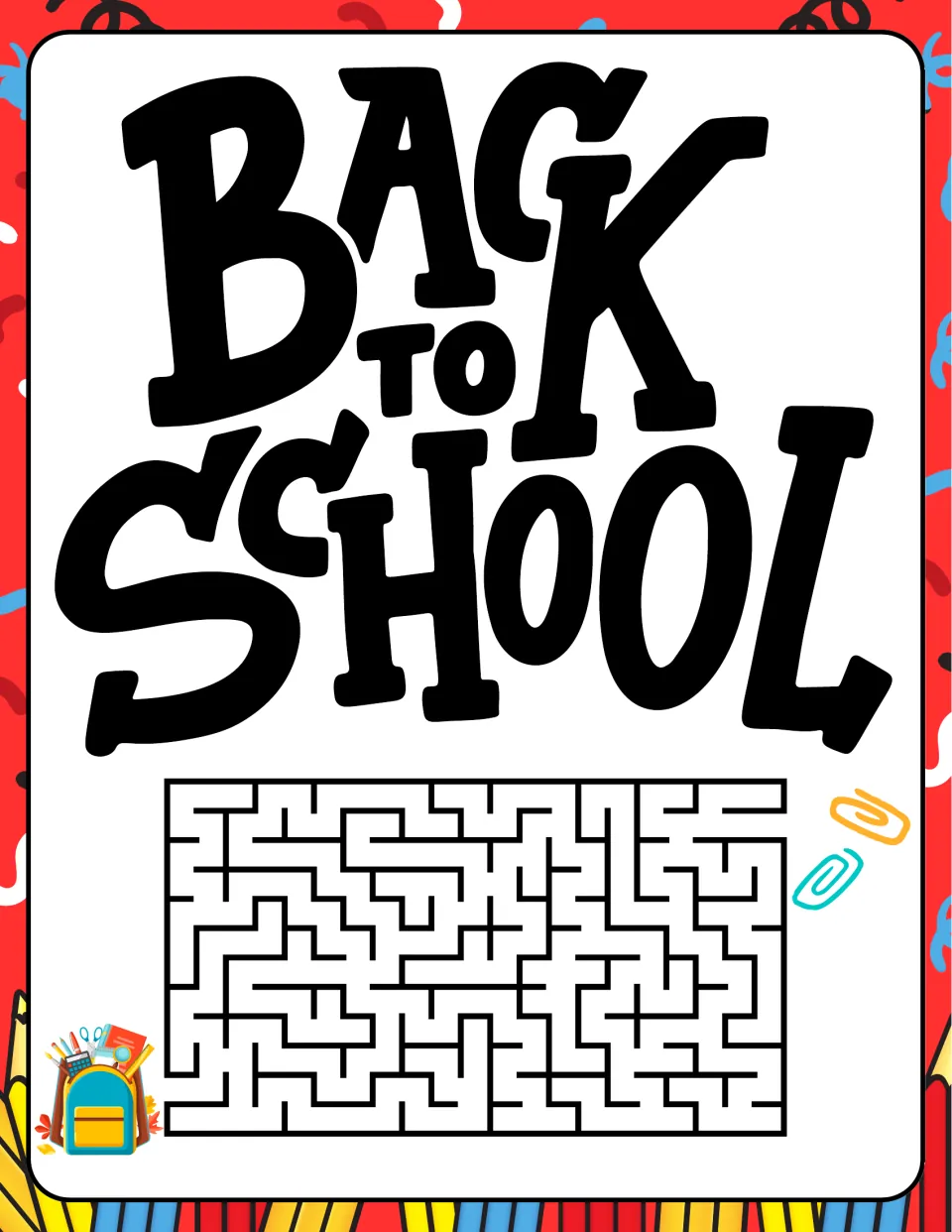 Back-to-school maze packet cover: the words 'Back to School' above a small rectangular maze by a backpack