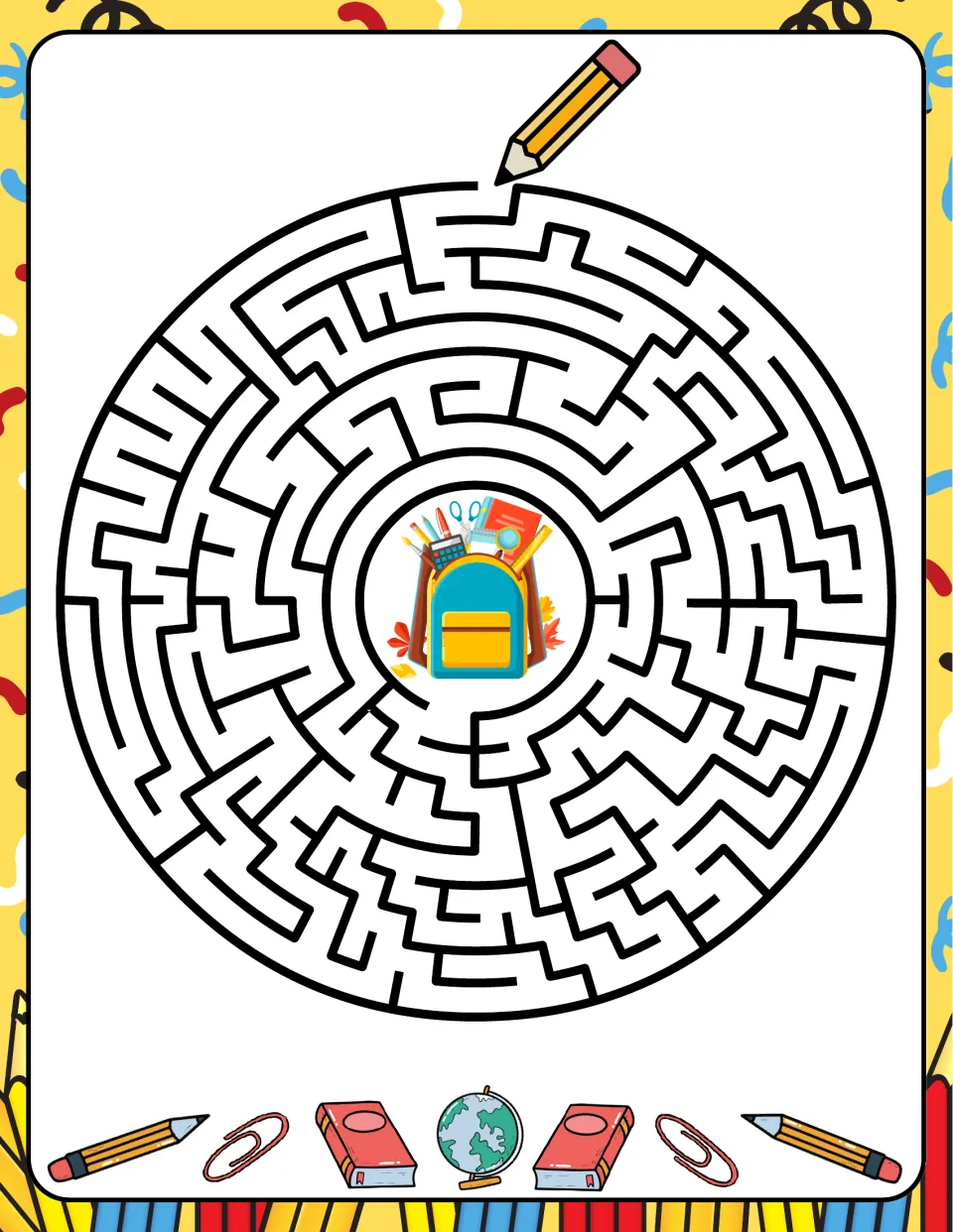 School-themed circular maze featuring a pencil at the outer opening and a backpack full of supplies at the center