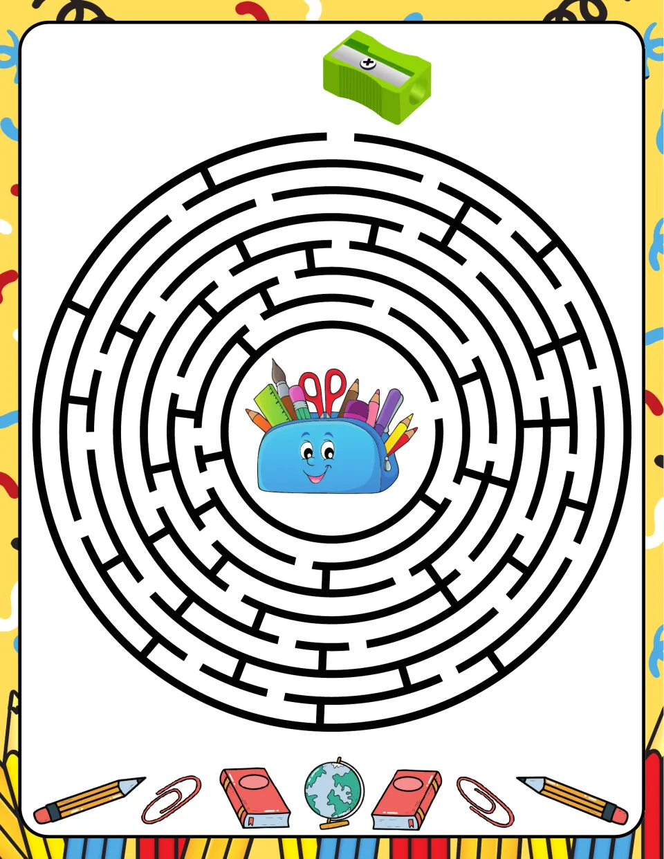 School-themed circular maze featuring a pencil sharpener at the outer opening and a pencil case at the center