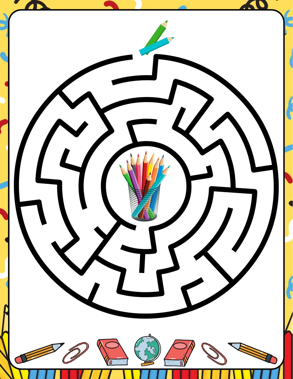 School-themed circular maze featuring two colored pencils at the opening and a cup of pencils at the center