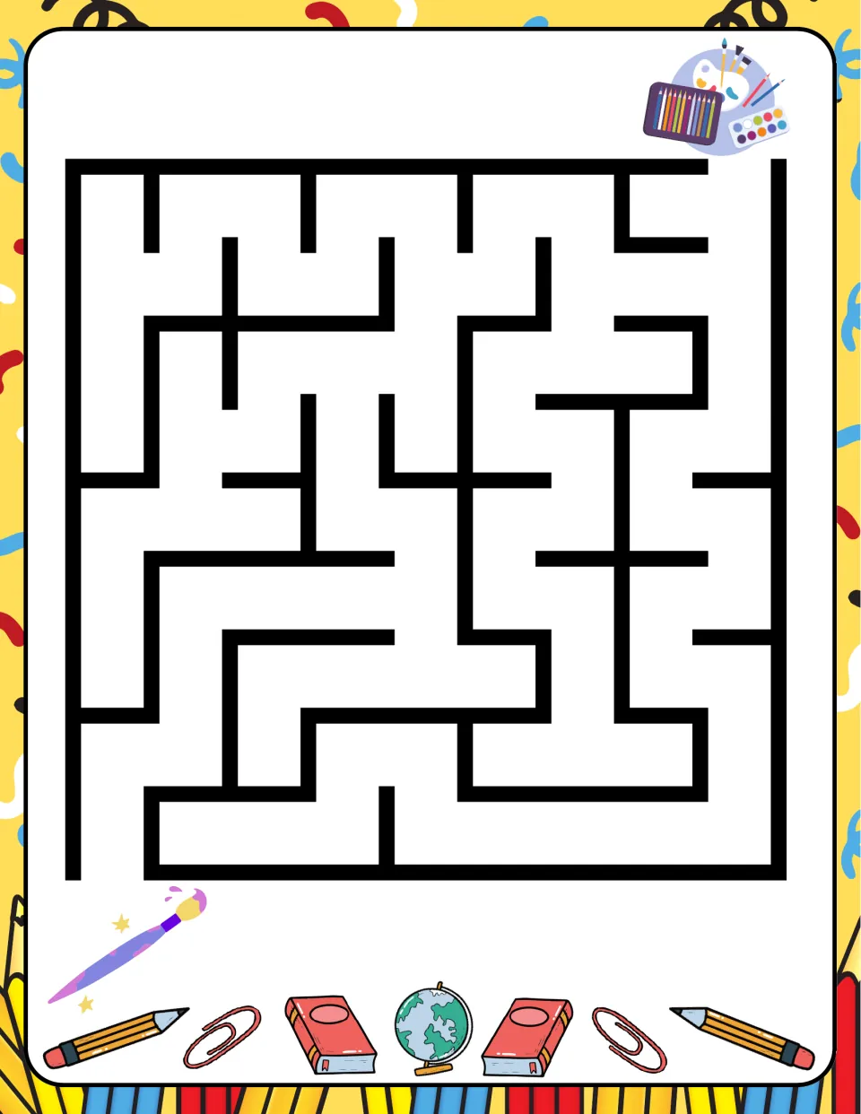 School-themed square maze featuring art supplies at the upper opening and a paintbrush at the lower opening