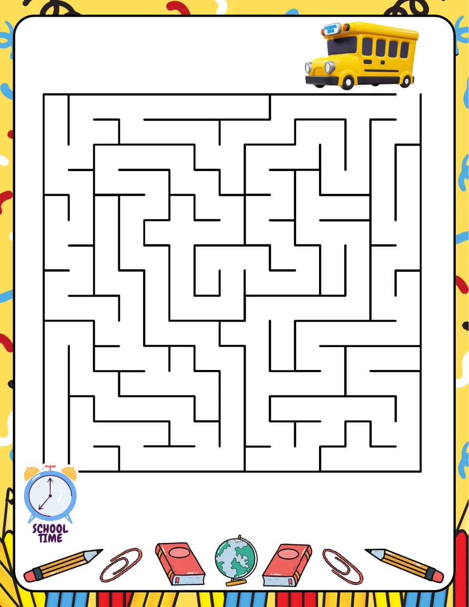 School-themed square maze featuring a school bus at one opening and a clock labeled 'School Time' at the other