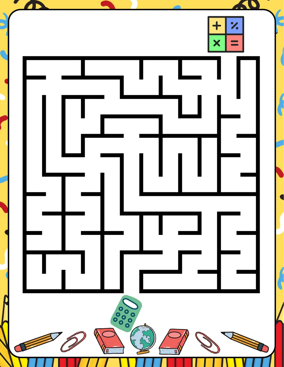 School-themed square maze featuring math operation symbols at the upper opening and a calculator below