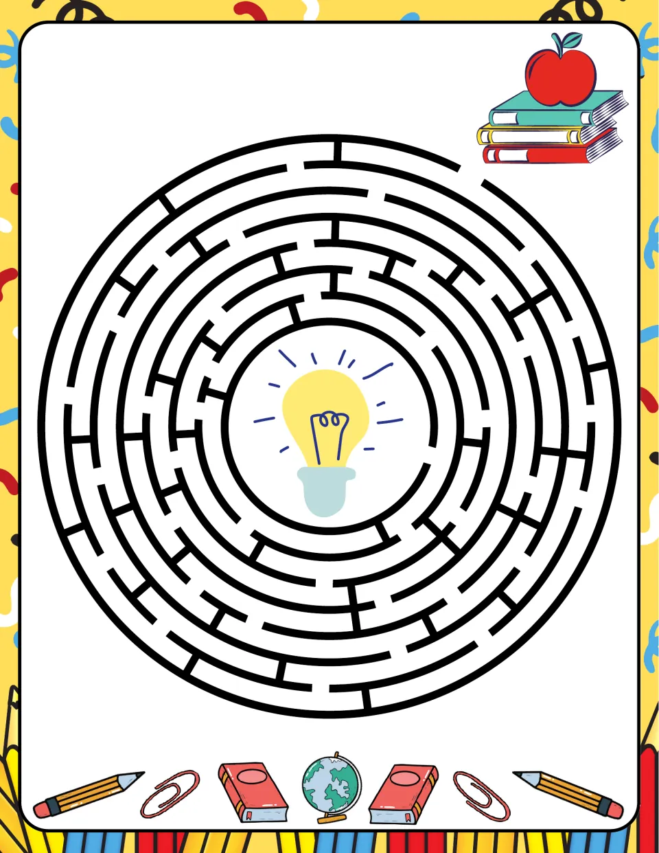 School-themed circular maze featuring an apple on a stack of books at the opening and a light bulb in the center