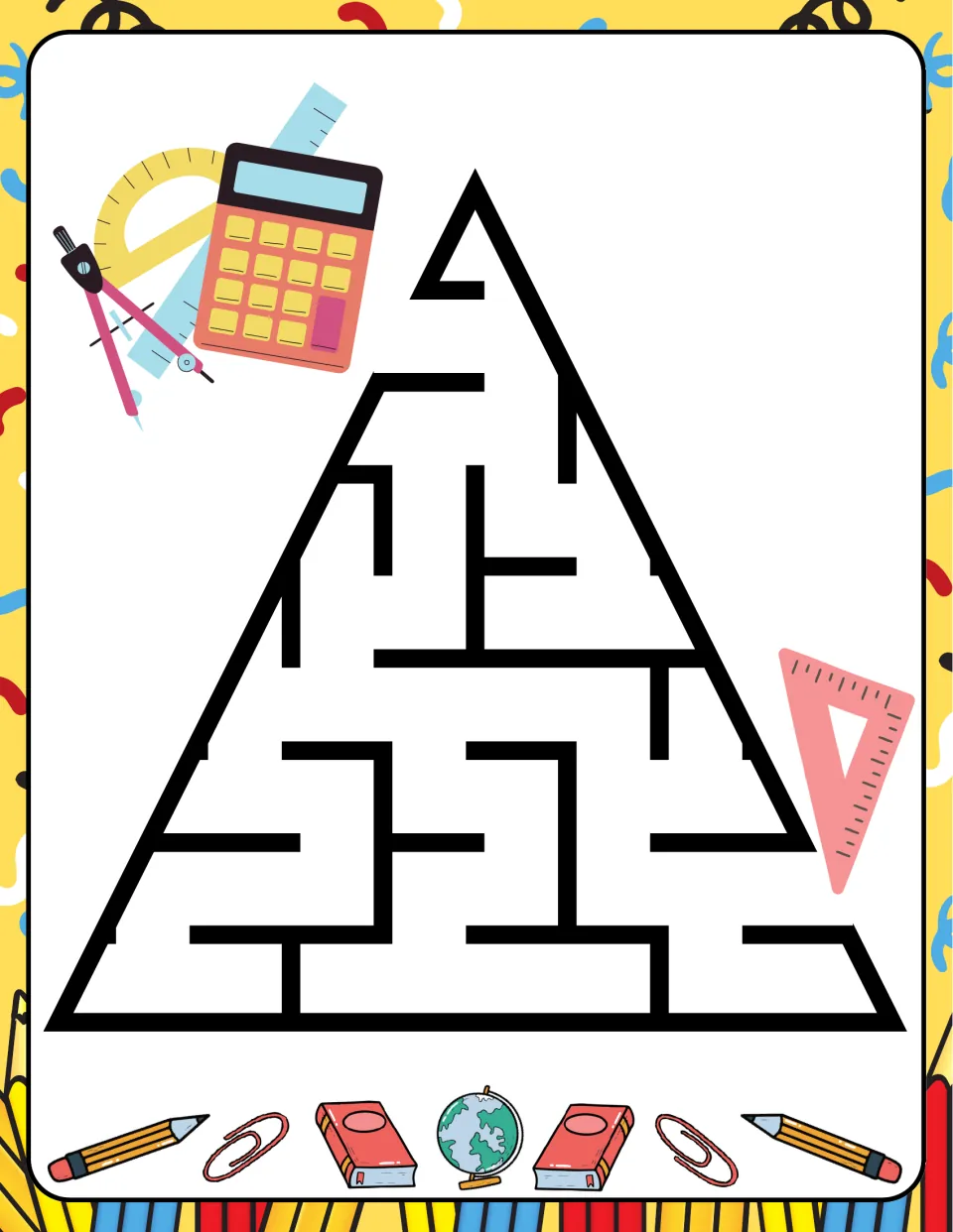 School-themed triangular maze featuring a calculator and measuring tools near one opening and a triangle ruler