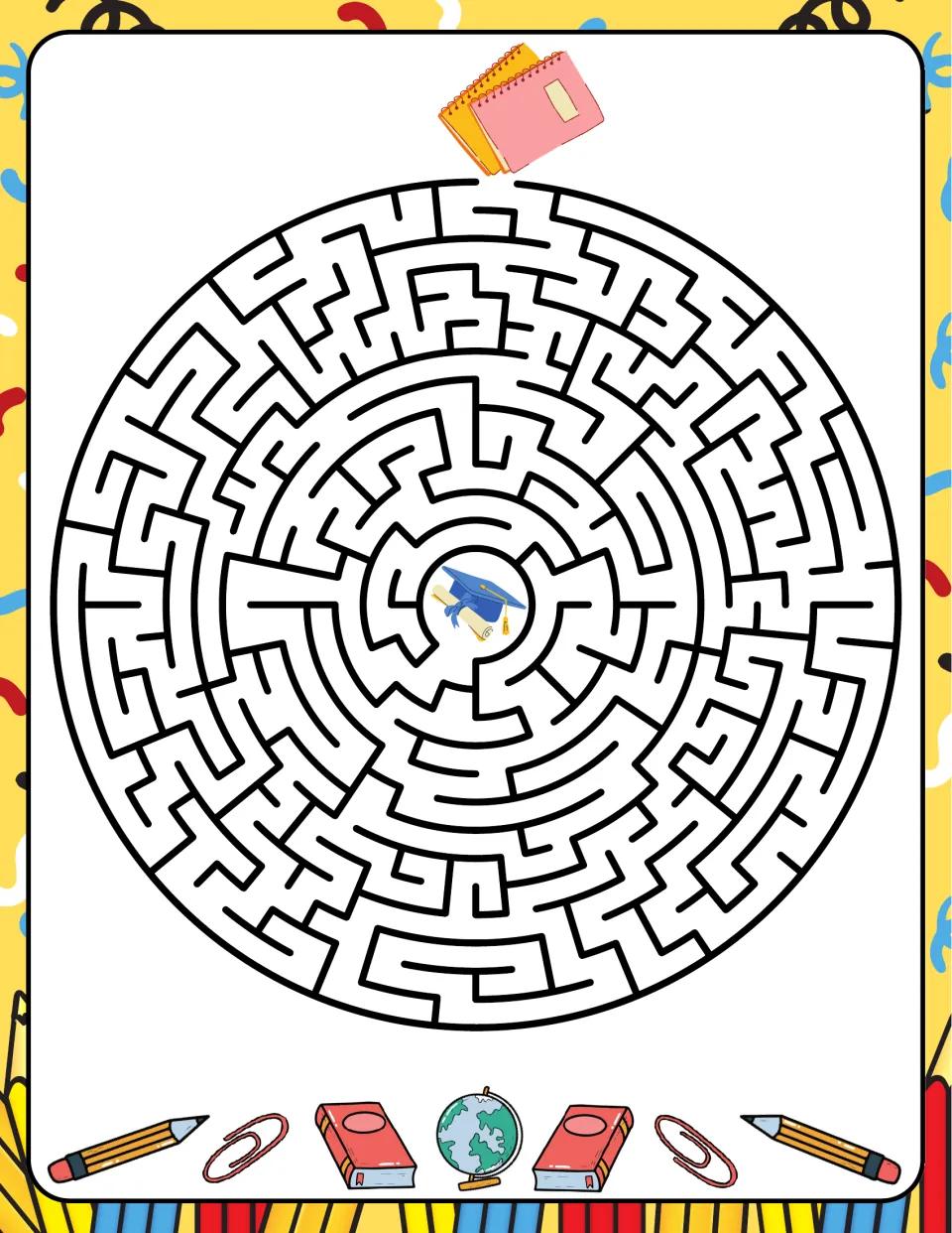 School-themed circular maze featuring notebooks at the outer opening and a graduation cap and diploma at the center