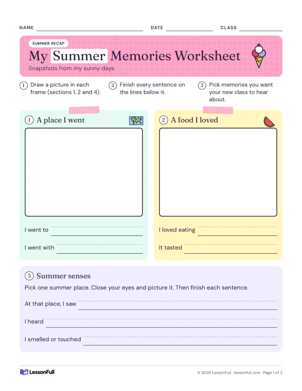 Summer memories worksheet, part 1: draw and write about a place visited, a food enjoyed, and summer senses.
