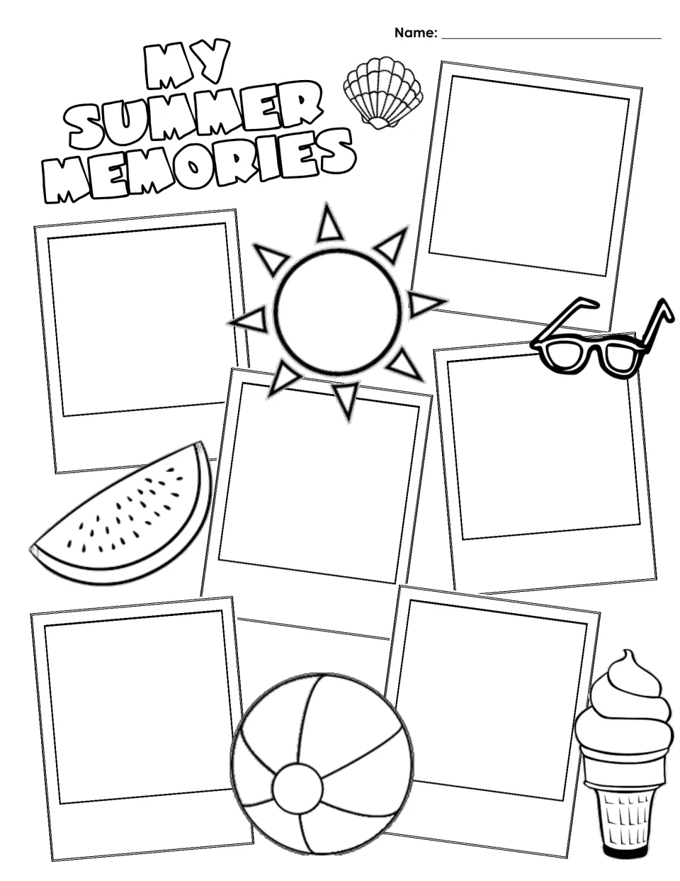 My Summer Memories drawing page: students sketch summer moments in six photo frames, with sun, watermelon and beach ball art