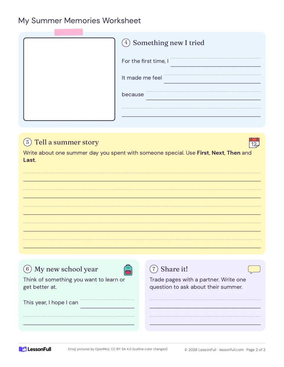 Summer memories worksheet, part 2: a new experience, a summer story, a school-year goal, and a partner question.
