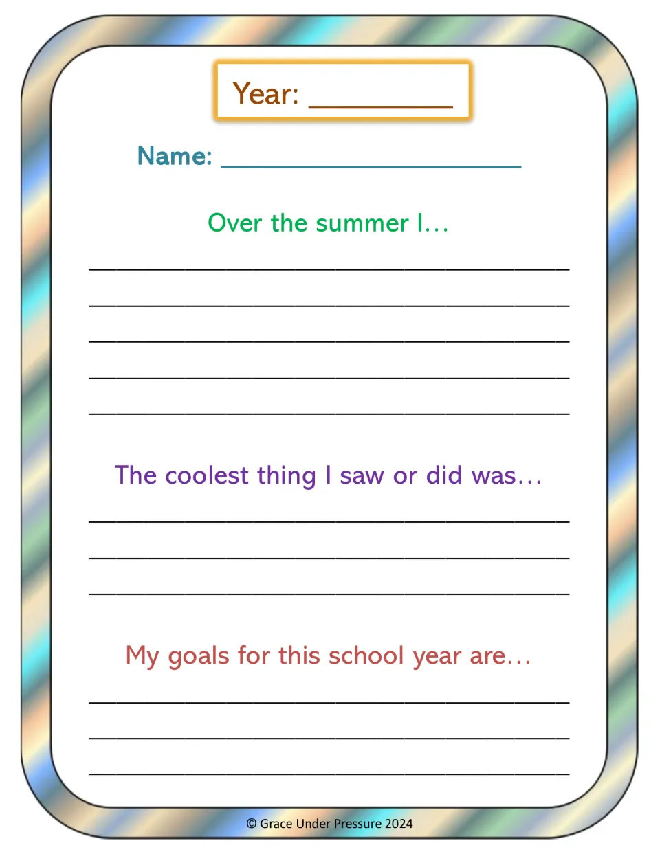 Summer reflection: students write about their summer, the coolest thing they saw or did and their goals for the school year